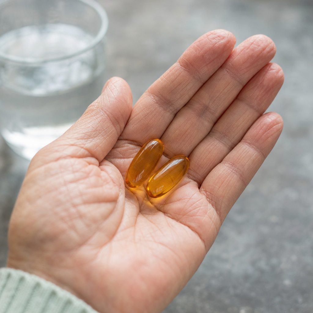 Two golden Orgatics softgels in the palm of a hand