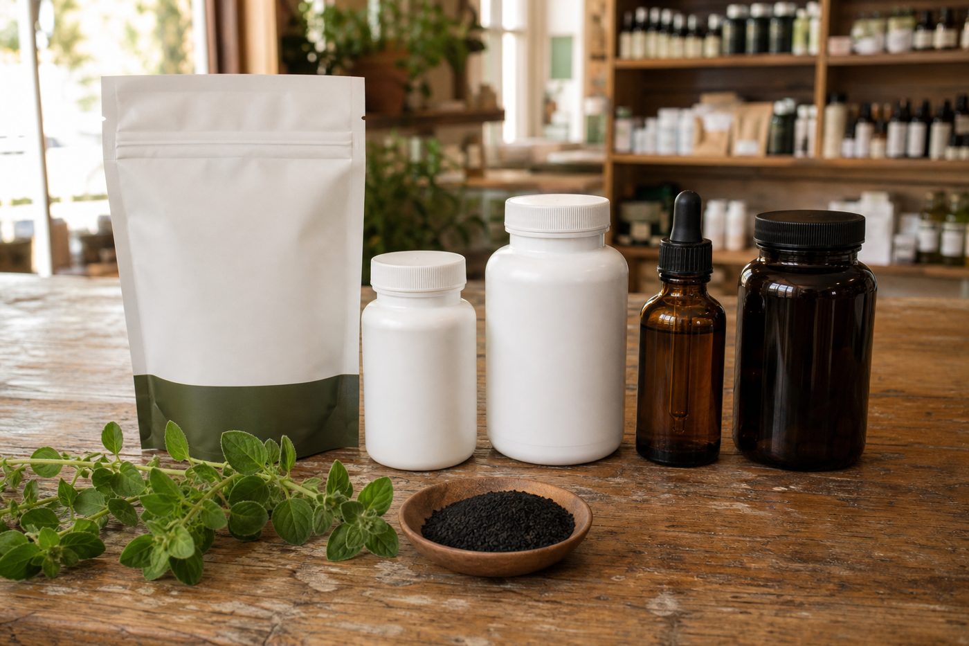 Five oregano oil supplements lined up on a health food store counter
